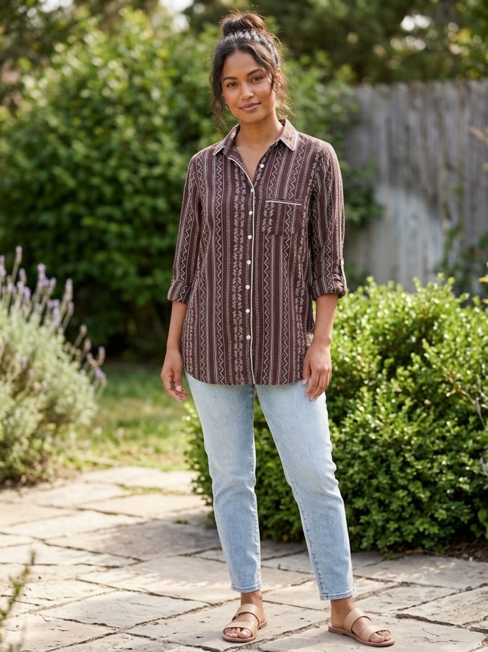Julia Amory Husband Shirt in Brown Boho Pattern Size XS $178